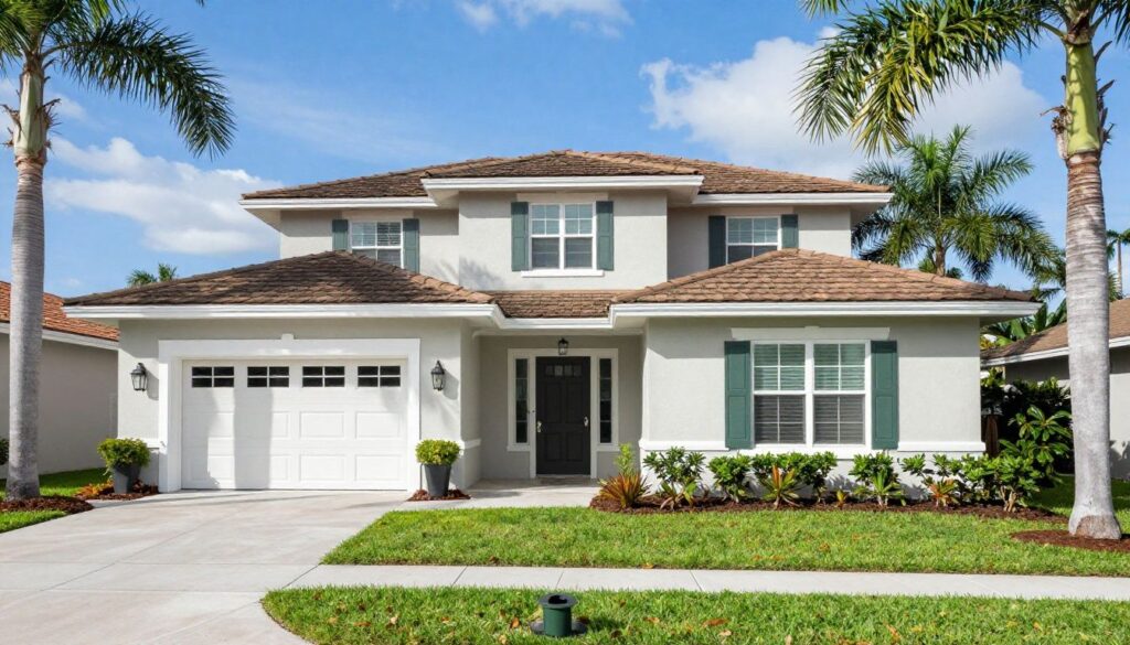 A beautiful Orlando home with a fresh coat of light-colored exterior paint under the sunny Florida sky, surrounded by palm trees.