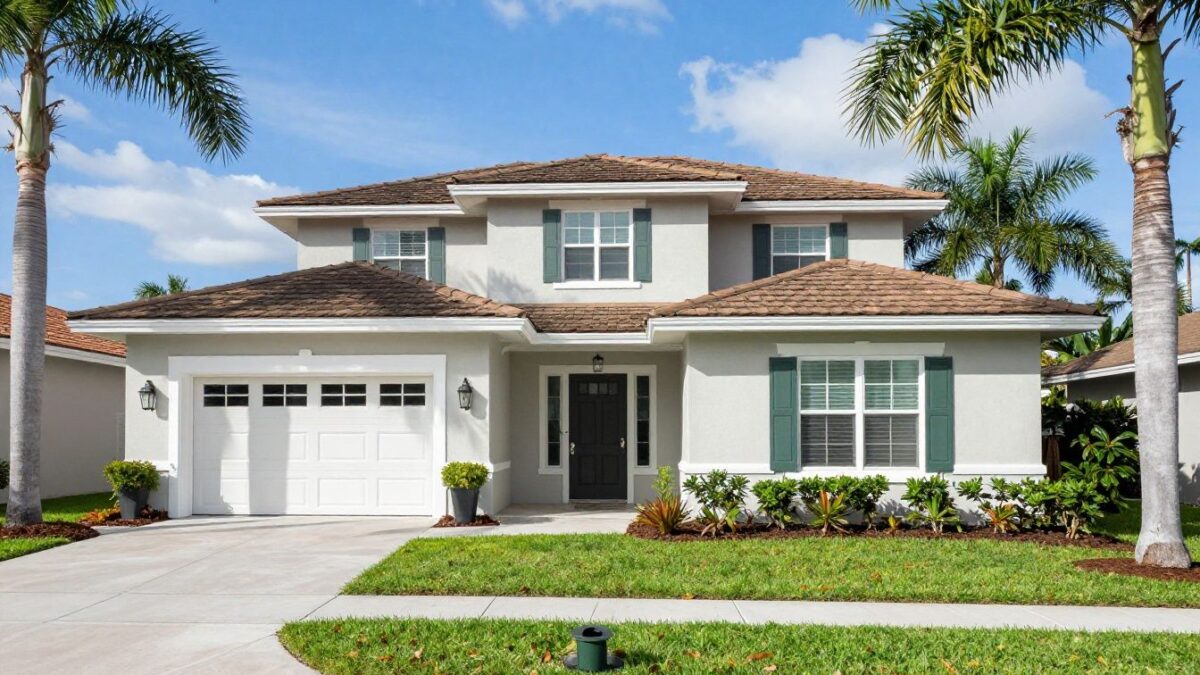 A beautiful Orlando home with a fresh coat of light-colored exterior paint under the sunny Florida sky, surrounded by palm trees.