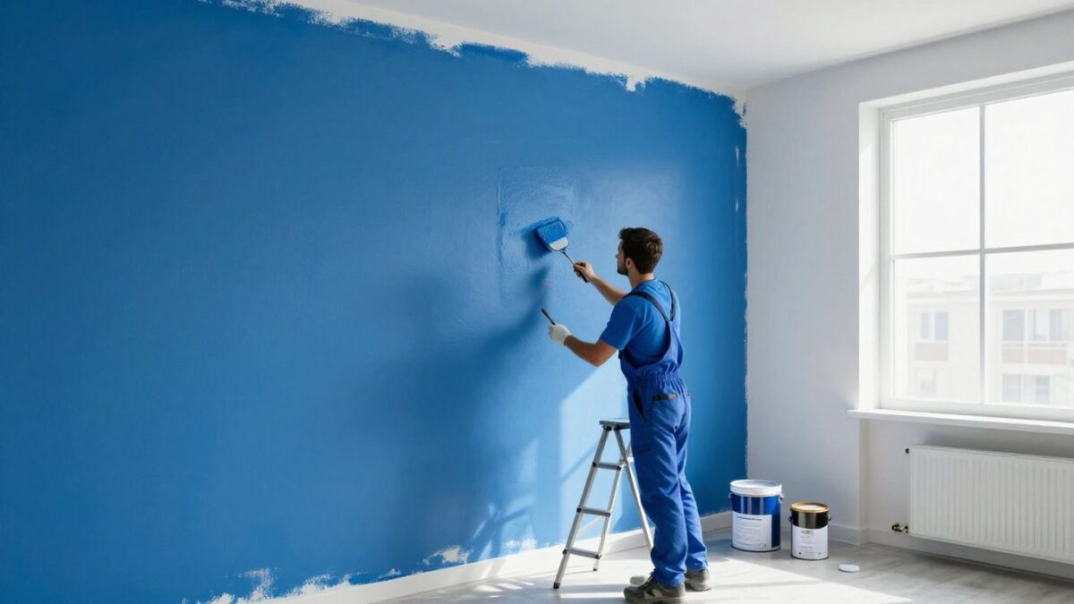 Office wall being painted by a professional painter.