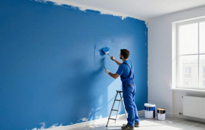 Office wall being painted by a professional painter.