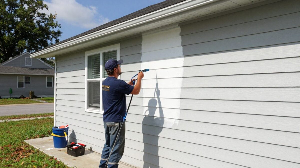 A professional painter from The Awesome Painting Services carefully pressure washing the exterior of a sunny Orlando home before painting, with siding looking clean and prepped.