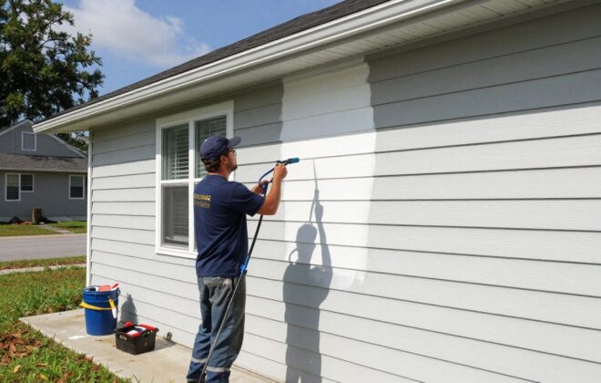 A professional painter from The Awesome Painting Services carefully pressure washing the exterior of a sunny Orlando home before painting, with siding looking clean and prepped.